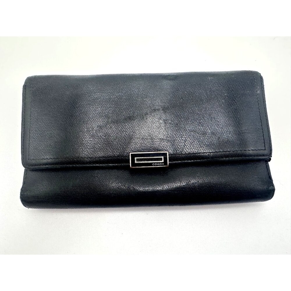 Vintage Coach Crossgrain Black Leather Snap Closure Clutch Wallet Card Slots Zip